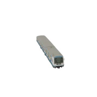 Modelo 3D de un tren metropolitano moderno con librea azul y gris, visto desde un ángulo ligeramente elevado.