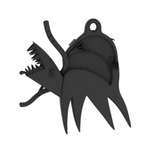 Render 3D de un colgante de dragón mecánico negro con dientes afilados y alas estilizadas, mostrado sobre un fondo blanco.