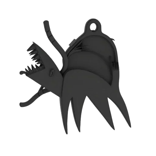 Render 3D di un ciondolo drago meccanico nero con denti affilati e ali stilizzate, mostrato su uno sfondo bianco.