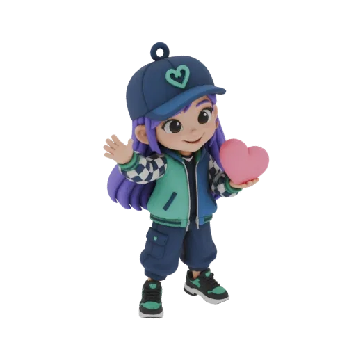 3D model of a cute anime girl with purple hair, wearing a blue cap and jacket, holding a pink heart and waving.