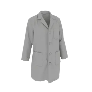 Un modello 3D di un camice da laboratorio classico al ginocchio in colore grigio neutro, mostrato frontalmente.