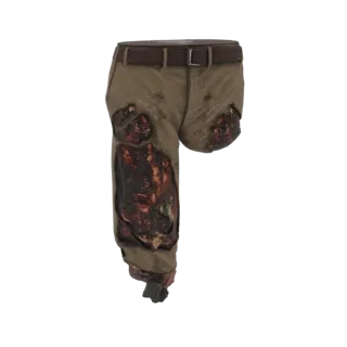 Modelo 3D de un par de pantalones color canela con grandes secciones quemadas y desgarradas, mostrando daños y textura realis