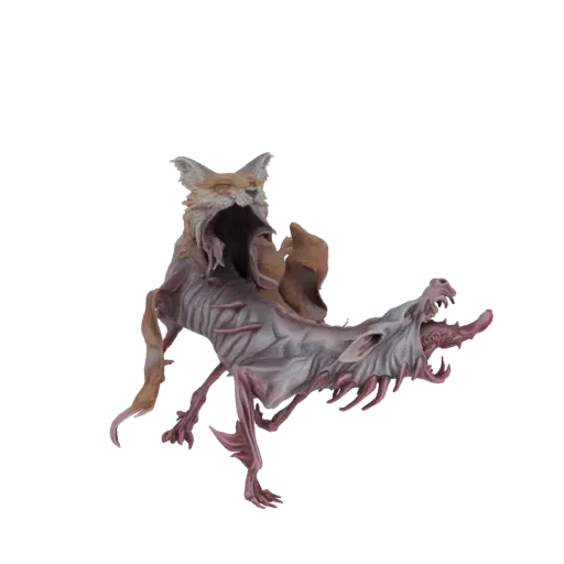 3D model of a mutated fox-wolf hybrid creature with exposed ribs and a hollow fox head, set against a white background.