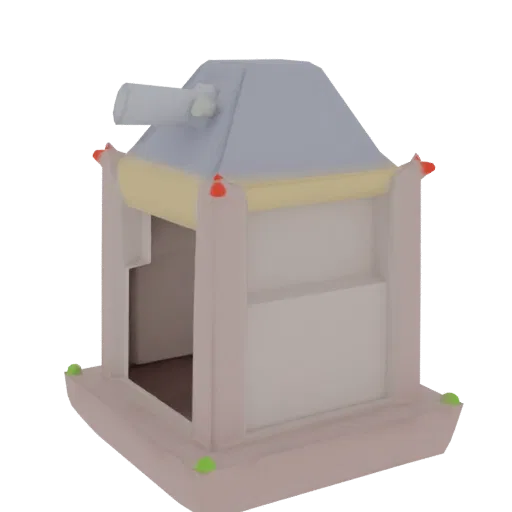 3D model of a futuristic observation tower with a light blue roof, pale gray telescope, and light pink support pillars, set a