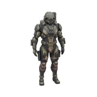 Modèle 3D d'un soldat sci-fi en armure camouflage verte, en pose neutre.