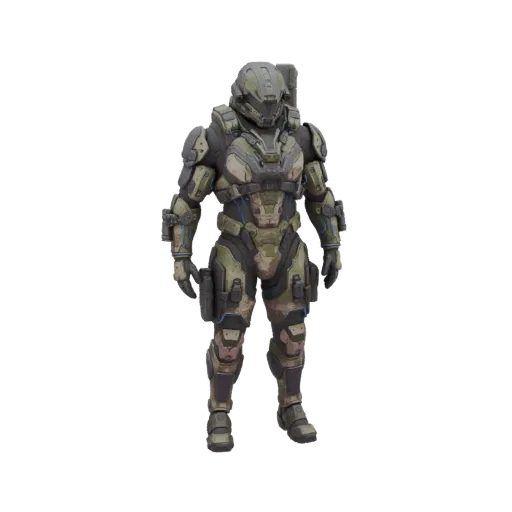 3D model of a sci-fi soldier in green camouflage armor, standing with a neutral pose.