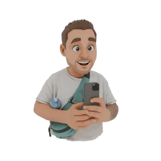 Modello 3D di un uomo cartone animato che sorride e tiene uno smartphone, con una borraccia nella sua borsa.