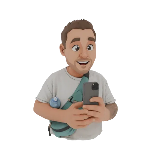3D model of a cartoon man smiling and holding a smartphone, with a water bottle in his bag.