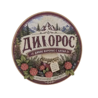 3D model of a rustic jam jar with a circular label showing a mountain landscape, pine trees, berries, and text in Russian.