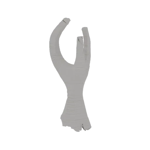 A 3D model of a hand in a gesture, rendered with a distinct layered, segmented aesthetic in a light gray color against a blac