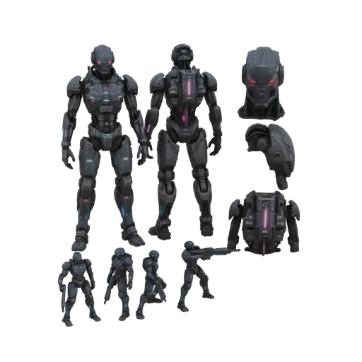 Modèle 3D d'un soldat futuriste sombre avec des yeux rouges lumineux, montré avec des pièces d'armure modulaires.