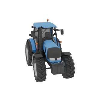 A realistic 3D model of a modern blue tractor with large tires and a detailed cab, shown from a front-three-quarter view.