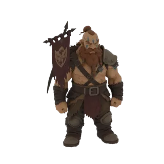 3D model of a muscular Viking warrior with a braided beard, wearing fur armor and carrying a tattered banner with a shield em