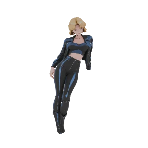 3D-Modell eines Anime-Cyberpunk-Mädchens in schwarzer Lederjacke und Hose, in selbstbewusster Pose.