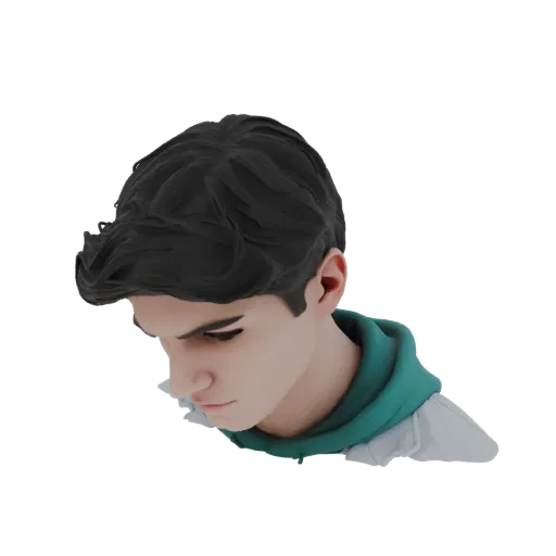 Modelo 3D de busto de joven con cabello oscuro y peinado, expresión contemplativa, sudadera turquesa.