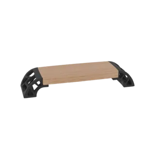 Modelo 3D de una estantería moderna con superficie de madera clara y soportes arqueados negros de diseño intrincado sobre fon