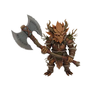Modelo 3D de un Guerrero Guardián del Bosque de fantasía con armadura de hojas y una gran hacha de batalla, listo para la acc