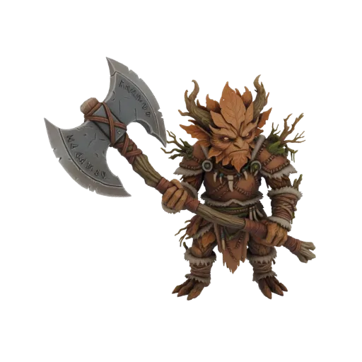 Modello 3D di un Guerriero Guardiano della Foresta fantasy con armatura di foglie e una grande ascia da battaglia, pronto per