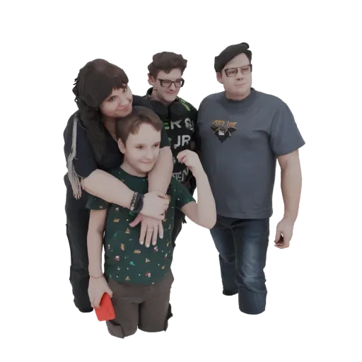 Um modelo 3D de uma família, incluindo mãe, pai e dois filhos, compartilhando um abraço caloroso e amoroso.