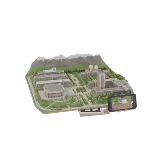 A low-poly 3D model of a university campus with mountains, trees, and a smartphone displaying an AR view.