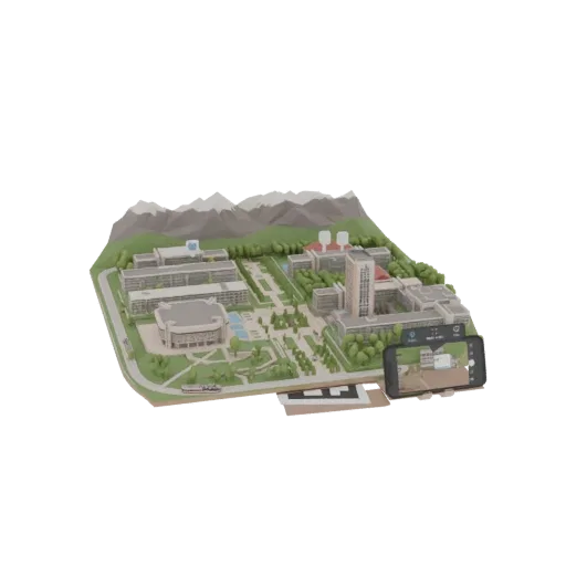 A low-poly 3D model of a university campus with mountains, trees, and a smartphone displaying an AR view.