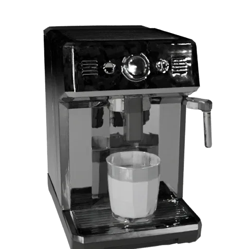 Stainless Coffee Machine Low Poly 3D model, dining room, game viewport three-quarter view, plastic detail.