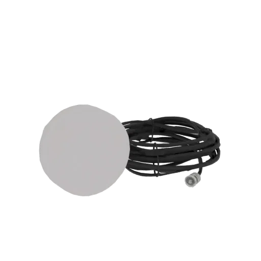 3D model of a gray circular antenna with a coiled black cable and connector on a black background.