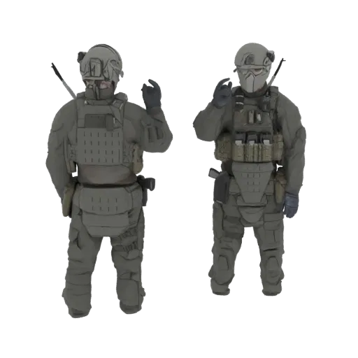 3D model of two tactical soldiers in full gear, one facing forward, the other turned slightly away.