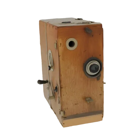 3D model of a vintage wooden box camera with a brass lens and various knobs, set against a black background.