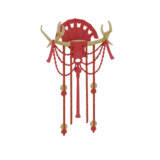 3D model of a tribal bull head headdress with red skull, cream horns, and red beadwork, against a white background.