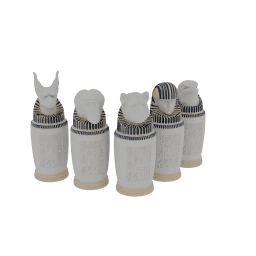 3D render of a set of four Egyptian canopic jars with animal heads (jackal, baboon, lion, falcon) and hieroglyphic details, o