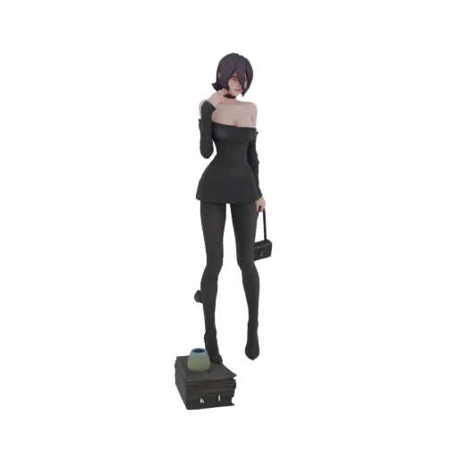 3D model of a woman in a black dress and stockings, holding a purse, standing on a pedestal with a vase.