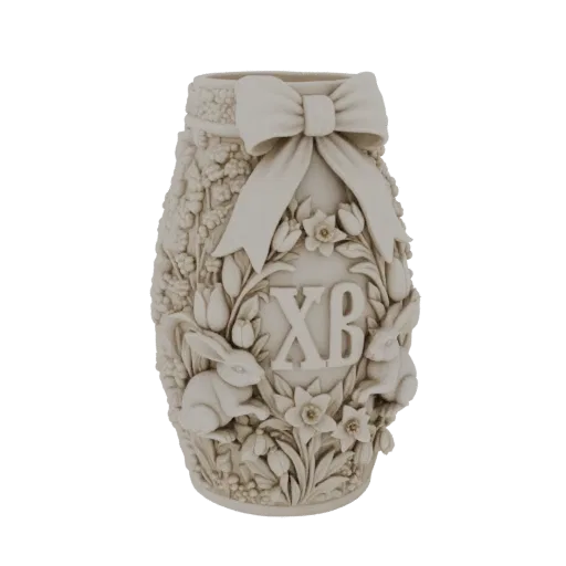 3D-Modell einer dekorativen Vase mit Osterhasen, Tulpen, Narzissen und dem XB-Monogramm, gekrönt von einer Schleife.