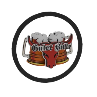 3D model of two frothy beer mugs with a red bull head and 'Guter Bulle' text, enclosed in a black circle.