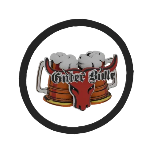3D model of two frothy beer mugs with a red bull head and 'Guter Bulle' text, enclosed in a black circle.