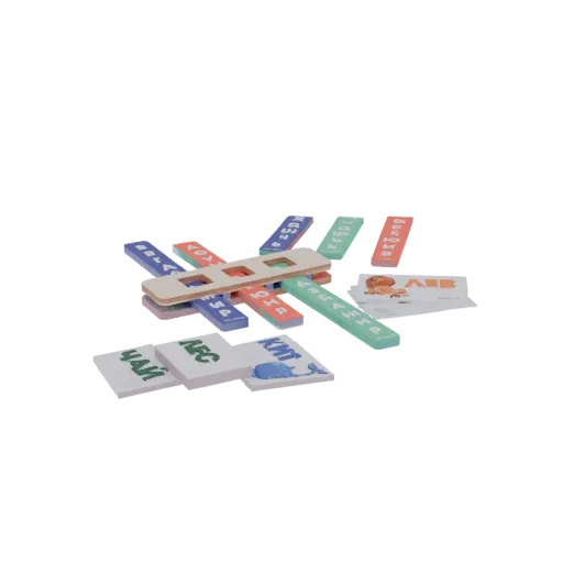 3D model of Russian alphabet learning blocks with colorful letter tiles and a wooden frame, arranged for display.