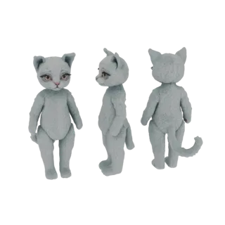 Modèle 3D de poupée chat bleu clair vu de face, de côté et de dos sur fond blanc.