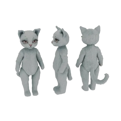 3D model of a light blue cat doll shown from front, side, and back views against a white background.