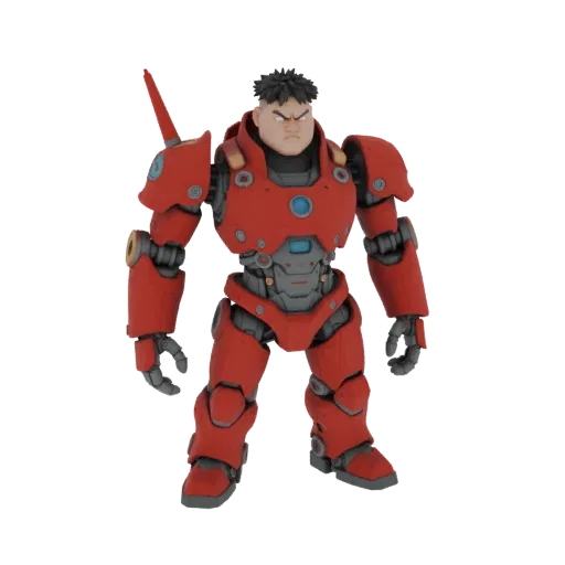 3D model of a red armored mech with a grumpy pilot visible in the cockpit, set against a black background.