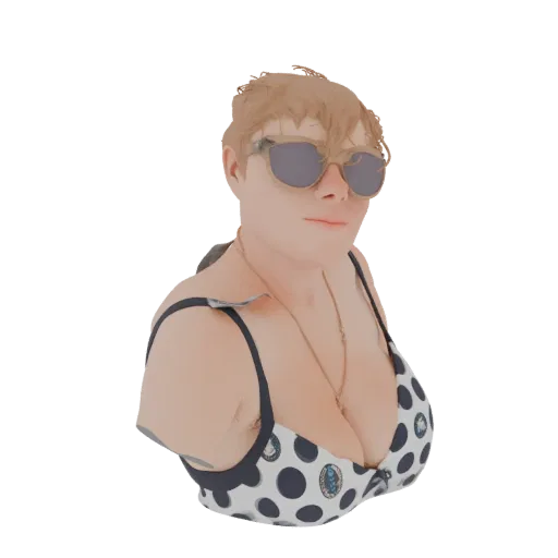 Rendu 3D d'une femme portant un bikini blanc et bleu marine à pois et des lunettes de soleil, avec un collier doré.