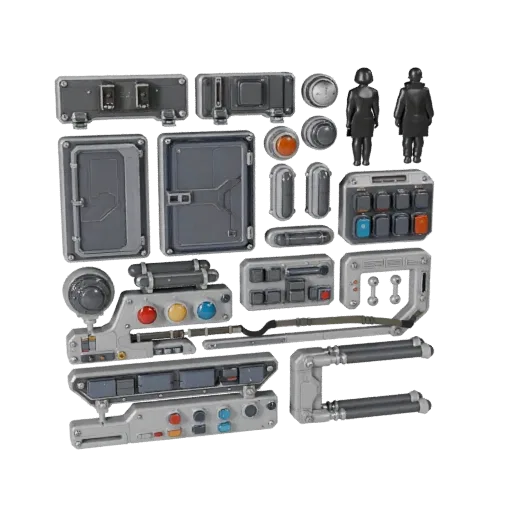 Modello 3D modulare Leva di Controllo Sci-Fi, vista isometrica kit modulare, con cerniere metalliche, chiare affordance di in