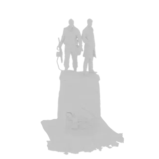 3D model of two figures, one holding a tool, standing on a rough, rocky pedestal against a white background.
