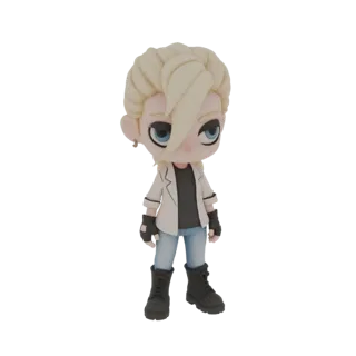 3D model of a chibi punk rocker character with blonde hair, blue eyes, wearing a white jacket and black boots.
