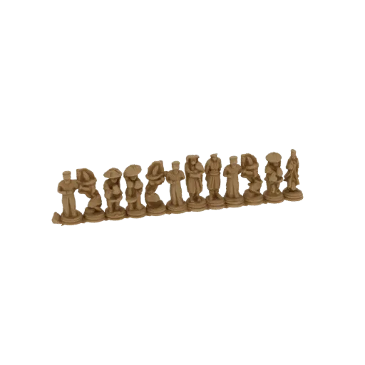 A collection of 32 3D models of ancient warrior chess pieces arranged in a line, showcasing detailed armor and historical des