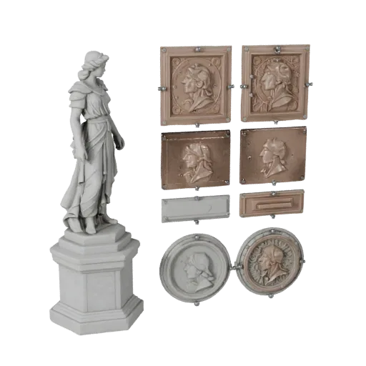 Garden Statue modular kit 3D model preview showing silhouette, top-down kitbash view, pedestal and sculpt detail