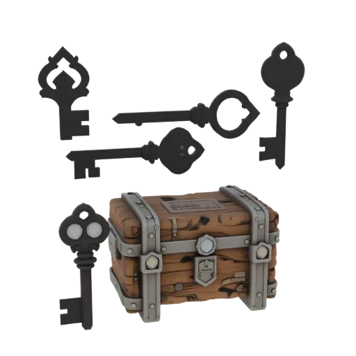 Cursed Loot Key Printable 3D model, isometric STL render, showing aged wood, clear pickup silhouette.