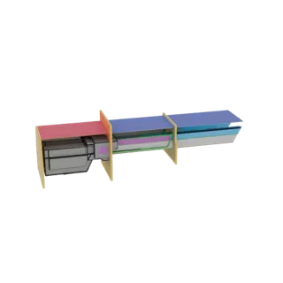 Ein 3D-Rendering einer futuristischen modularen Display-Einheit mit roten, gelben und blauen Abschnitten, die metallische und