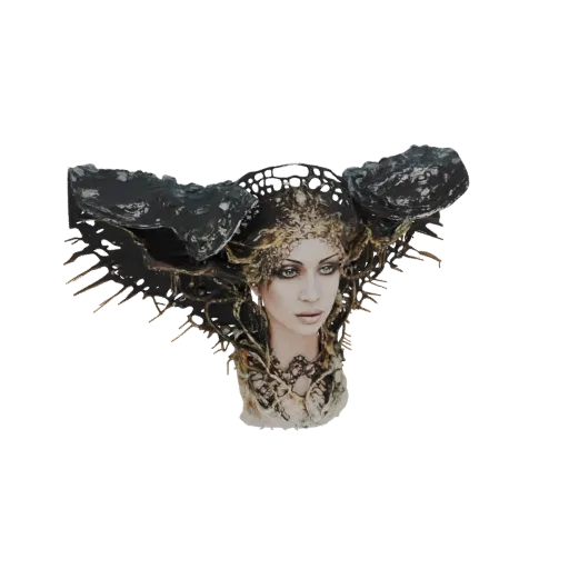 3D model of a Gothic Queen headdress with dark, organic textures and golden accents, framing an ethereal face.