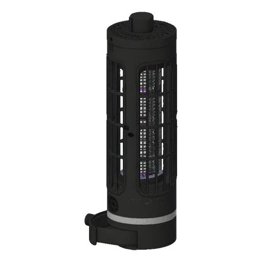 3D model of a black cylindrical insect zapper with a visible purple UV light inside and a collection tray at the base.