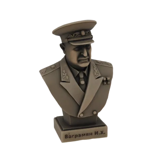 3D model bust of Bagramyan I.Kh. in military uniform, with inscription on the base.